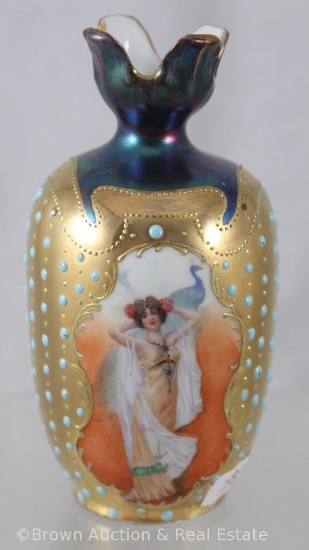 Mrkd. E.S. Germany/Prov Saxe Art Nouveau 5"h vase, Lady with Peacock, heavy gold body with blue