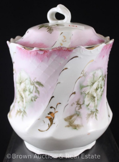 Unm. R.S. Prussia 7"h biscuit/cracker jar, white flowers on white background with pink finish, swirl