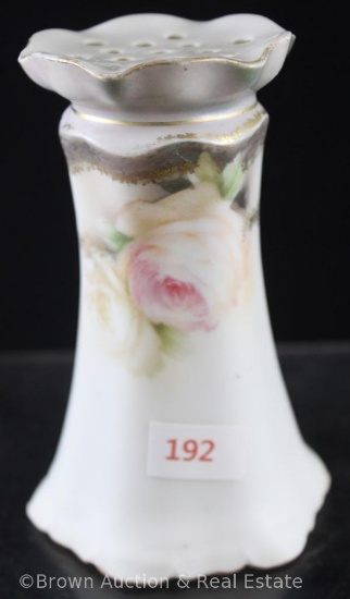 R.S. Prussia 4.5"h hat muffineer/sugar shaker, white roses on white satin finish