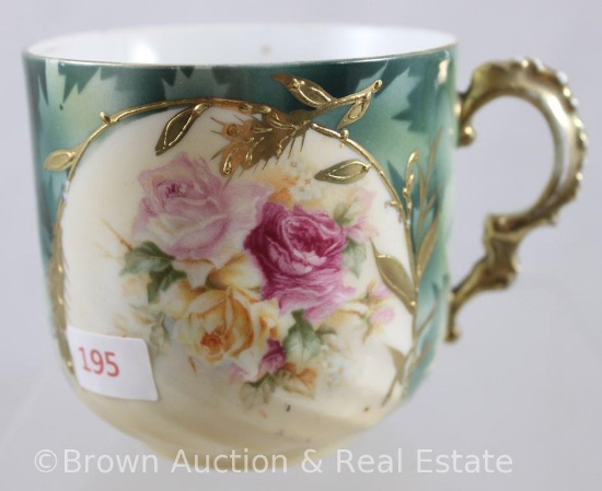 Mrkd. R.S. Prussia Mold 462 mustache cup, 3.25"h, pink and yellow roses, dark green finish with