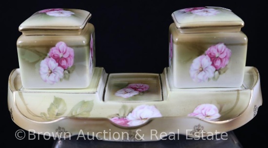 Mrkd. R.S. Suhl double inkwell and pen tray , pink poppies on green tones - Unique piece!