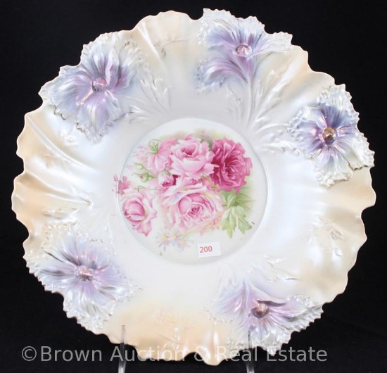 R.S. Prussia Carnation Mold 28 centerpiece bowl, 12"d, pink roses center, great lavender finish on