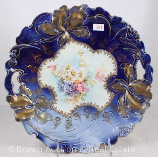 R.S. Steeple Mold 6 cobalt cake plate, 11"d, bouquet of mixed flowers, gold detailing, circle mold