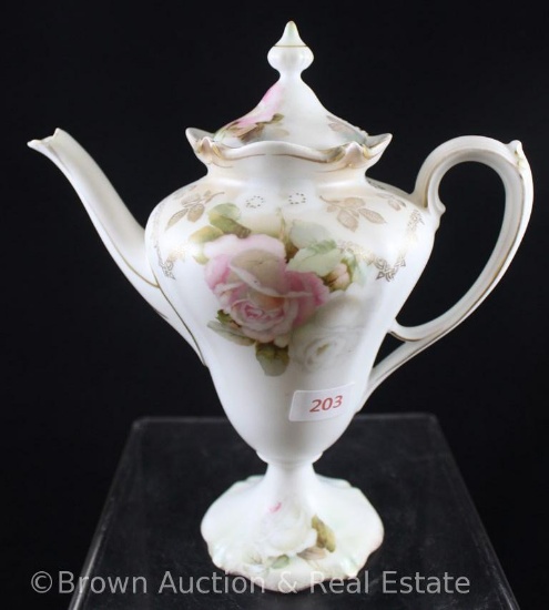 R.S. Prussia Mold 616 7"h demi-tasse coffee pot, pink and white roses on white satin finish, red
