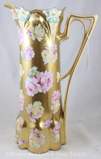 R.S. Prussia Lily Mold 517 tankard, 15" tall, great look of pink and yellow roses scattered overall