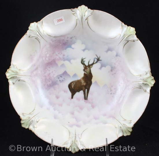 R.S. Prussia Mold 203 bowl with Stag scene on white satin finish, 10.25"d