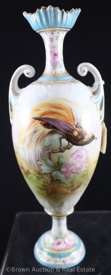 Unm. RSP dbl. handled 10"h pedestal vase, Bird of Paradise - Nice!