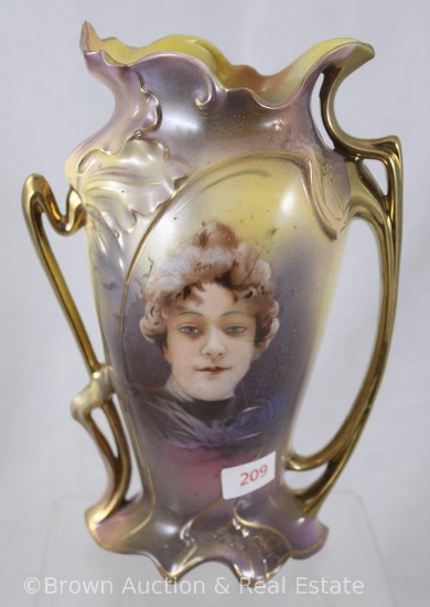 Mrkd. Royal Vienna Germany 7.25"h vase, RV Mold 1, Flossie portrait, lavender finish with yellow