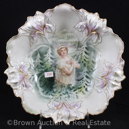 R.S. Prussia Iris Mold 25 bowl, 10.25"d, Winter season portrait on white satin finish, lt. lavender