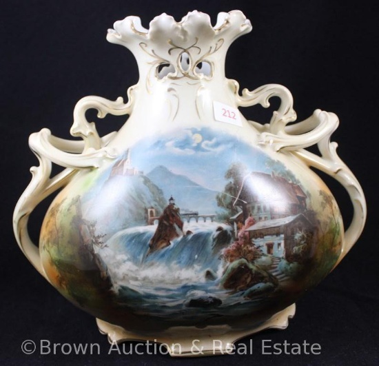 Royal Bayreuth 8" x 9" vase with Art Nouveau handles, Cottage by the Waterfall on cream and brown