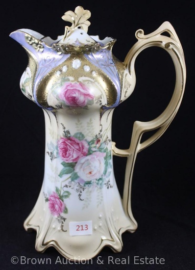 R.S. Prussia Mold 643 chocolate pot, 8.25" tall, pink and white roses on cream and white with gold