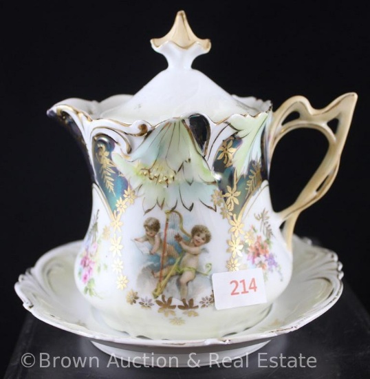 R.S. Prussia Mold 3 syrup pitcher with lid and underplate, 2 cherubs with dainty flowers and gold