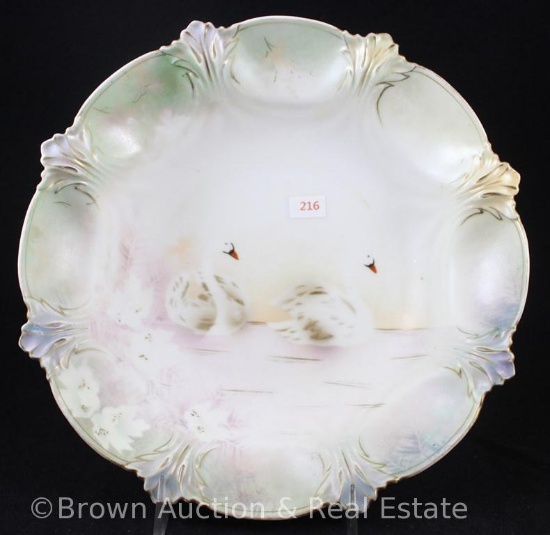 R.S. Prussia Mold 203 bowl with Swans d?cor on white satin finish, pastel green finish on border