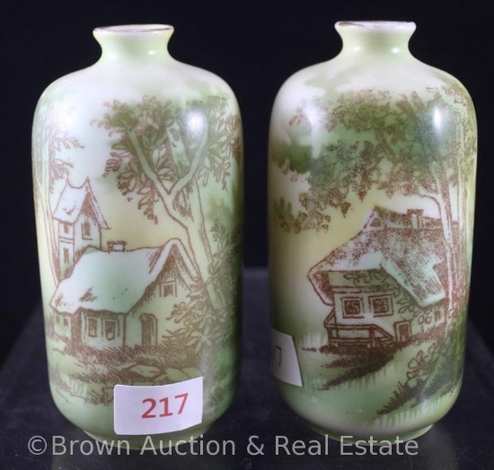 (2) Mrkd. Germany 4"h cabinet vases, Cottage scenes on green (1 has large hairline)