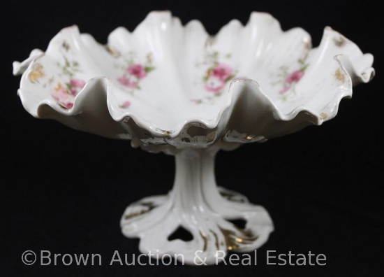 RSP Old Mold/fluted 5.5"h x 9.5"d compote, pink flowers on white with gold highlights - Rare