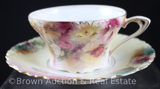 R.S. Prussia Carnation Mold coffee cup, pink and white roses with rose and green finish, red mark