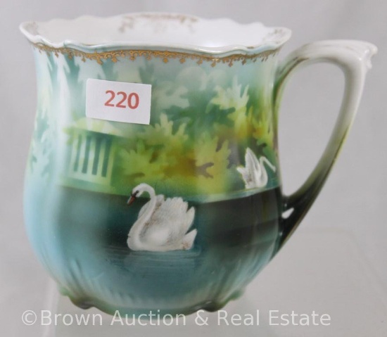R.S. Prussia shaving mug with Swans and Portico on blue and green tones, 3.5"h, red mark - Rare and