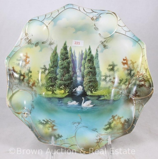 R.S. Prussia 11"d bowl - interesting scene and mold - Swans in channel between trees on blue and