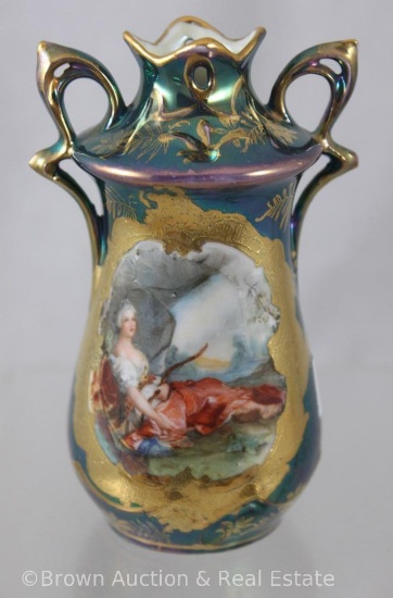 Mrkd. Royal Vienna Germany 4.5"h vase, Diana the Huntress, Tiffany finish with nice d?cor details