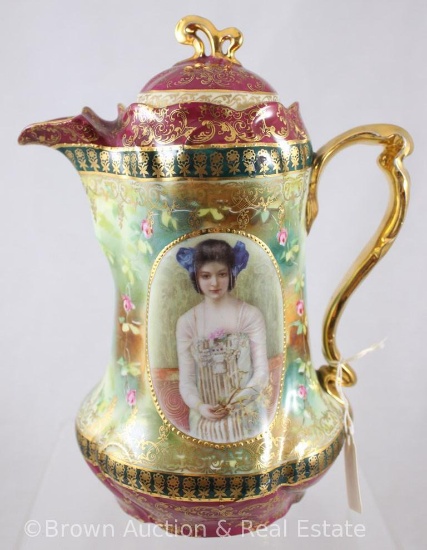 Mrkd. E.S. Germany/Prov Saxe 8"h chocolate pot with portrait of lady holding flowers, small