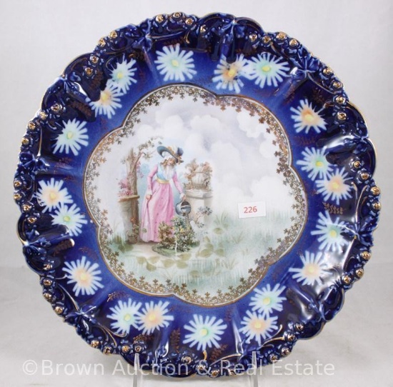 R.S. Steeple Mold 7 platter, 12"d, Lady watering flowers with wide cobalt border with white flowers