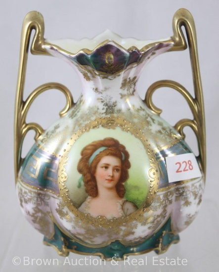 Mrkd. Royal Vienna Art Nouveau SS 4.5"h vase with dbl. gold handles, Countess Potocka portrait with