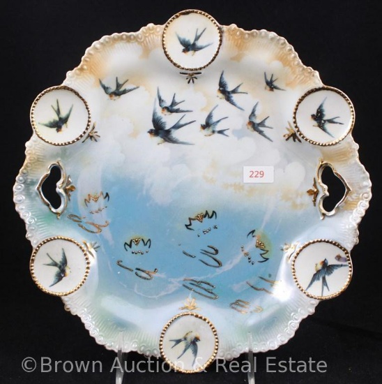 R.S. Prussia Medallion Mold 14 cake plate, 10.5"d, Swallows over faint clouds - Nice colors