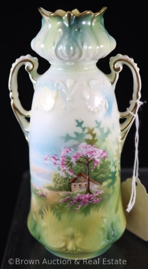 R.S. Prussia Mold 901 6"h vase, Sheepherder I scenic d?cor on blue/green/white background, red mark