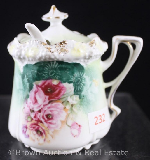 R.S. Prussia Stippled Floral Mold 525 mustard pot with lid and spoon, 3.75"h, floral d?cor on white