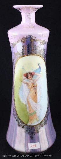 Mrkd. E.S. Germany/Prov Saxe 12"h vase, Lady with Peacock on great lavender finish, gold detailing -