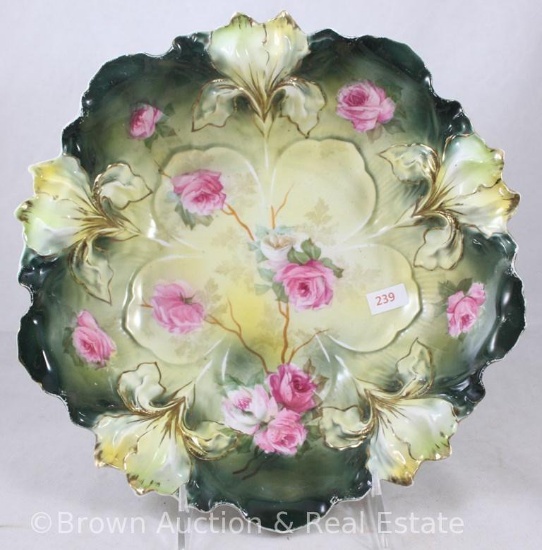 R.S. Prussia Iris Mold 25 bowl, 10.25"d, large pink and white roses on green tones, gold highlights,