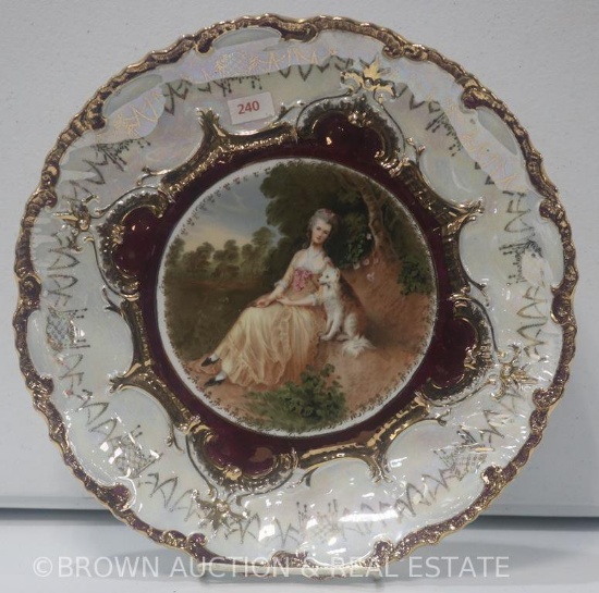 Unm. Porcelain 11.5"d charger featuring Lady with dog, wide white border with very dark maroon trim,