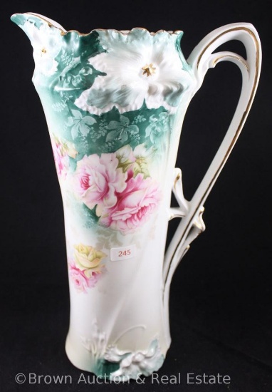 R.S. Prussia Carnation Mold 526 tankard, 13.5" tall, pink and yellow roses on white with green