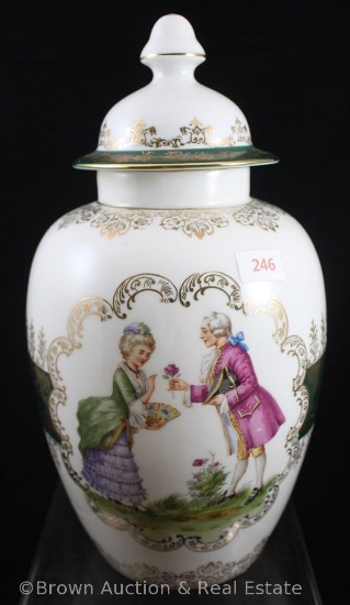 Mrkd. Oscar Schlegelmilch "Import" 11"h covered urn with Courting scene, heavy stencilling
