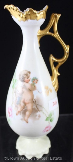 Unm. R.S. Prussia Mold 958 ewer, 8"h, Cherub/floral d?cor, heavy gold handle and top rim