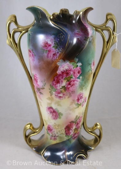 R.S. Prussia Art Nouveau 13"h vase, RV Mold 1, scattered pink flowers on dark background, gold