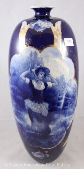 Unm. 14" tall cobalt scenic vase, woman holding onto her hat, gold accents