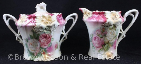 R.S. Prussia Carnation Mold 526 4"h creamer and cov. sugar, large pink and white roses on white with