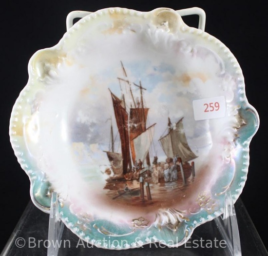 R.S. Prussia Mold 207 sauce dish, 5.5"d, Masted Ship d?cor, red mark