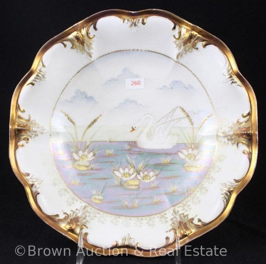 R.S. Prussia Mold 303 bowl, 10.5"d, Swan d?cor on satin finish, gold enamelling and gold stippling