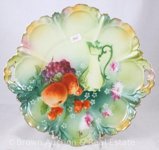 R.S. Prussia Mold 256 cake plate, 11.5"d, Fruit and chocolate pot d?cor on green tones, red mark