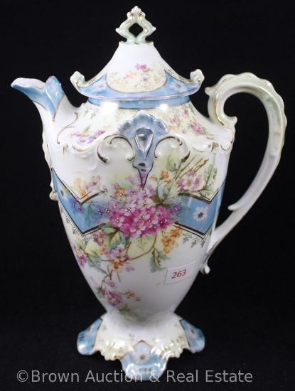 R.S. Prussia Mold 621 chocolate pot, 10" tall, spray of small pink flowers on white with pretty blue