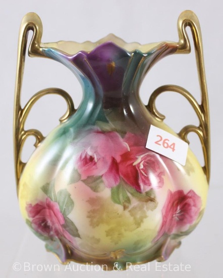 R.S. Prussia 4.5"h SS 4.5"h vase, dark pink roses on yellow to green finish, dbl. gold handles, red