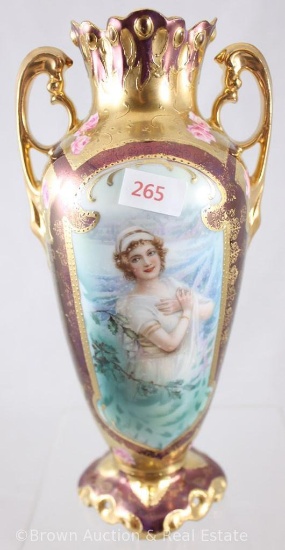 R.S. Prussia 9"h Art Nouveau vase with dbl. gold handles, Winter season portrait, Tiffany finish and