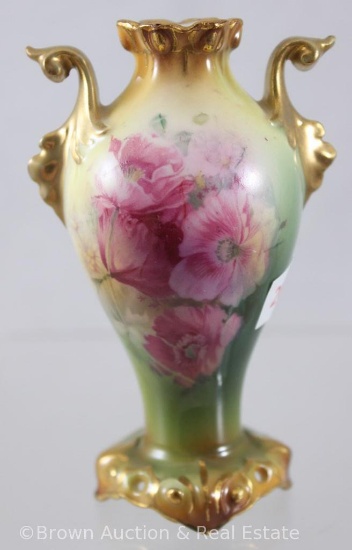 R.S. Prussia Mold 946 SS 4.25"h vase, pink poppies on green and yellow tones with gold trim and dbl.