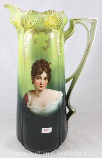 R.S. Prussia Stippled Floral Mold 525 tankard, 13" tall, Madame Recamier on green tones, gold