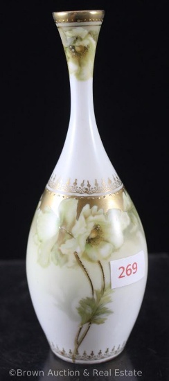 Mrkd. R.S. Suhl Mold 15 6.5"h vase, white blossoms with gold enamelling and stencilling on white