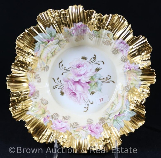 R.S. Prussia 10.25"d bowl w/heavy gold ruffled mold border, pink and yellow roses, circle mold mark