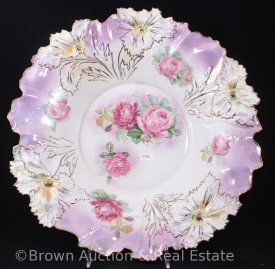 R.S. Prussia Carnation Mold 28 centerpiece bowl, 15"d, pink roses, nice purple finish on border,