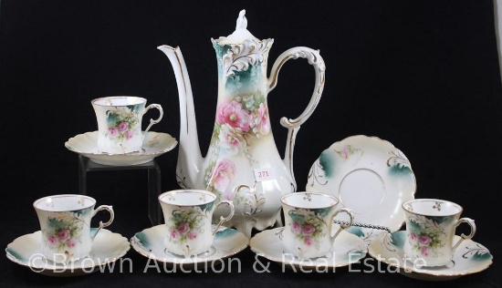 R.S. Prussia Plume Mold demi-tasse 9.25"h pot with (5) 2.25"h cups and (6) saucers, pink and white